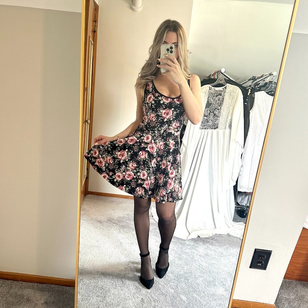 Mandy K black and pink floral fit flare mini dress, Size S